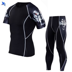 Custom Men Compression Tracksuit Short Sleeve Shirts Leggings 2 Pcs Sports Suit 3D Printed Jogging Fitness MMA Running Set 220704