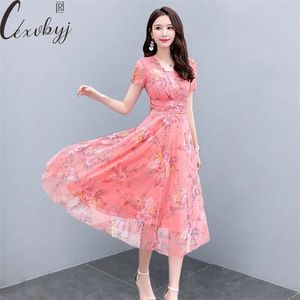 Summer Beach Floral Dres Elegant O-Neck Chiffon Plus Size Midi Dress Pink Print Bodycon Party Dress Kort ärm 220518