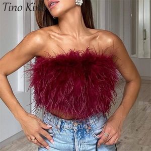 Sexy Kobiety Furry Crop Top Camis Strusie Feather Cysterna Tunika Kamizelka Kobieta Bez Rękawów Biustonosz Partyjny Rurka Cropped Corset 220316