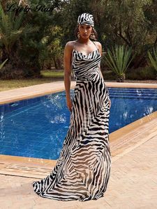 Summer Sexy Zebra Stripes Backless Beach Women Dress Black Side Split Maxi Slip Dresses Kvinna 2022 Elegant Lunch Long Robe CX220518