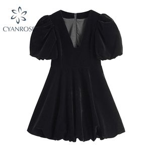 ヴィンテージフランスの作物ドレス女性50年代60年代オードリーhepburnフランネルVネックドレスパフ半袖セクシーパーティーエレガントなふわふわフロック220406