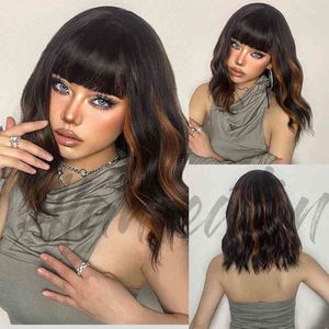 Domestic silk black brown peach Qi bangs long curly hair outdoor wig set daily use 220527