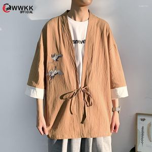 Mäns t-shirts herr bomullslinne kimono lös cardigan traditionell vintage kinesisk stand collar coat man jackor casual ytterklädernas bles