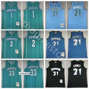 ss Basketball Alonzo Mourning Jersey 33 Larry Johnson 2 Tyrone Muggsy Bogues 1 Kevin Garnett Blue Green Black Team 21 Maglie Throwback V