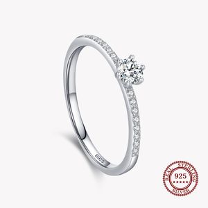 Real 925 Sterling Silver Simple Sparkling Round Clear Zircon Ring For Women Classic Luxury Wedding Accessories Jewelry