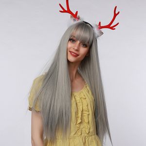 Silky Long gerade synthetische Perücke graue Perücken mit Pony for Woman Daily Party Lolita Cosplay gefälschte Haare hitzebeständig fiberfaktorisch direkt