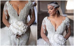 Bride Gown Luxurious Wedding Dresses Mermaid Ruffle Long Train Long Sleeve Tulle Beading Crystal Diamond Formal Custom Made JY65