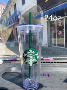 Vasos De Plástico Arco Iris al por mayor-Mermaid Starbucks Tumblers Tazas Doble de paja de arco iris de doble gruesa Pajitas de oz ml Copa de plástico reutilizable Tapa de columna plana transparente Bardian