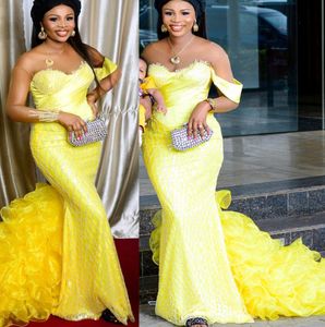 2022 Plus Size Arabic Aso Ebi Yellow Mermaid Sexy Prom Dresses Sequined Lace Evening Formal Party Second Reception Födelsedagsengagemang Klänningar ZJ266