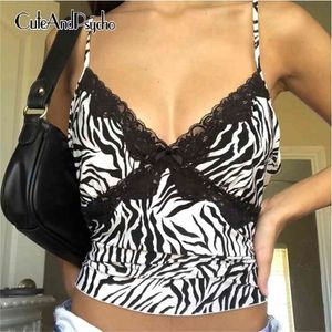 Zebra Printed Lace Y2K Summer Crop Top Patchwork V-neck Sexy Sleeveless 90s Top Backless Bow Fashion Camis Femme Cuteandpsycho 210326