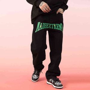 Color Letter Embroidery Retro Denim Pants Mens Hip Hop Straight Washed Baggy Casual Loose Street Couple Jeans Trousers Black T220803