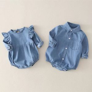 Ins Baby Romper Tulumlar Pamuk Denim Kız Çocuk Uzun Kollu Yenidoğan Yürümeye Başlayan Onesie Bahar Sonbahar