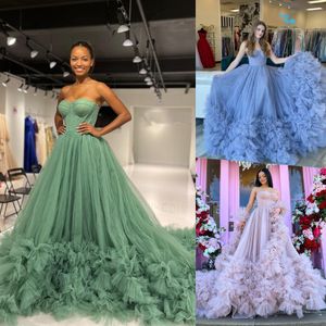 Smoke Blue Prom Dress 2k23 Strapless Sweetheart Neckline Ruffled Sweep Train Met Gala Pageant Ball Gown Boned Corset Bodice Formal Evening Wedding Party Green Boa