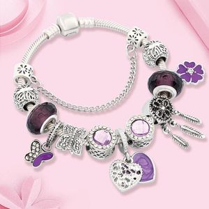 Charm Bracelets Leabyl Dropship Purple Enamel Petal Flower Heart Bracelet Butterfly Dream Catcher Bead Fashion Women GiftCharm