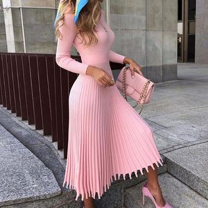 Casual Dresses Women Sweater Knitted Dress Pleated Flare 2022 Autumn Winter Pink Long Sleeve Knit Designer Sweaters Knitting Midi DressesCas