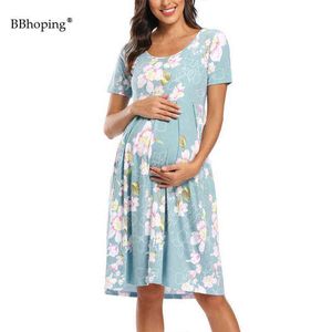 Graviditetskläder moderskapsklänning mamma blommig kort ärm avslappnad moderskapsklänningar passar bekväm mjuk gravid baby shower g220309