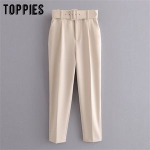 calça de terno biege mulheres calças de carga alta cintura cinto de cor sólida calças de cor de cortes Pantalones de mujer lj201029
