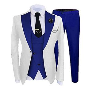 Ny populär vit stycken kostym män bröllop smoking kungblå skakning lapel smal passform brudgum tuxedos män middag prom blazer jacka byxor slips väst