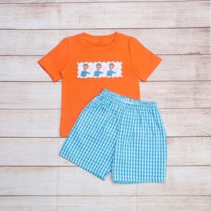 Kläder sätter baby sommarkläder kostym set mode orange hej korta ärm pojkar blå shorts kläder för 1-7 år klädkläder klädkläder