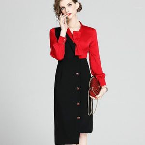 Vestidos casuais mulheres vestido primavera e outono vermelho preto splicing cor slim comprimento de comprimento de corpo base opções de compras para trabalhadores de escritório