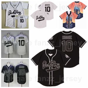 Notorious Movie Badboy Bad Boy Baseball 10 Biggie Smalls Jersey Team Colore gessato Bianco Nero Base fresca Traspirante Cucito e cucito su puro cotone di buona qualità