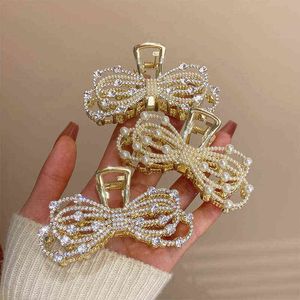 Exquisite Bow Pearl Full Diamond Shark Clip Elegant Grip Hair Clip For Women Daily Wear Jewelry Gifts Hair Accessories For Women T220808