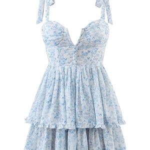 YENKYE Fashion Women Spaghetti Strap Ruffle Cake Chiffon Dress Sexy Ladies Floral Print Holiday Party Mini Summer Robe 220504