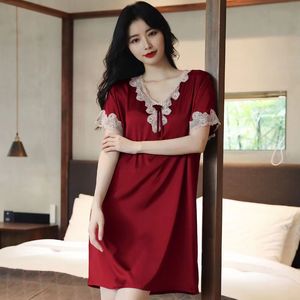 SILK Sleep Dress for Women maternity paiamas Lace Trim Nightgown Summer Satin Sleepwear Short Sleeve Nightdress Female Loose Home Dress clothes