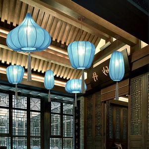 Lâmpadas pendentes de lanterna de estilo chinês Creative Blue LED LEV Light Restaurant Balcony Antique Fabric Lamp Rabend
