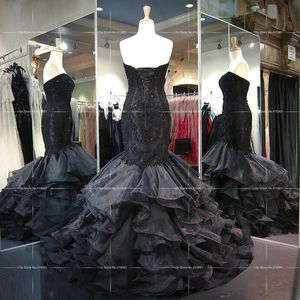 Black Mermaid Wedding Dresses Beaded Strapless Organza Ruffles Custom Made Lace Up Sweep Train Wedding Bridal Gown robe de mariee