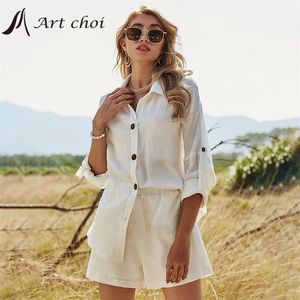 Summer Spring Two Piece Set Tracksuit Casual Outfit passar kvinnor Vit skjorta Blus Toppar Bomull Linn Shorts Pants 2 Set 220509