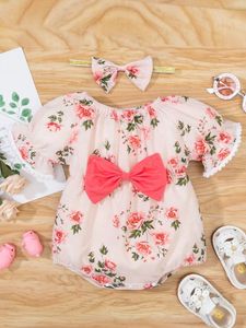 Baby girl printed bowknot jumpsuit and headband SHE