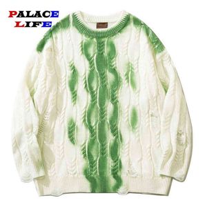 2022 New Harajuku Fashion Casual Pullovers Clothes Autumn Men Hole Knitted Jumper Sweaters Hip Hop Striped Print 2022 Streetwear T220730