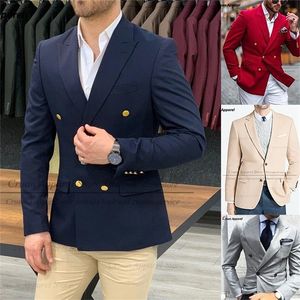 En blazer marinblå bröllop blazer män gentleman kostym jacka guldknappar avslappnad smal passform dubbelbröst affärsmale päls 220527