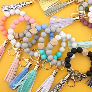 Sile Keychain för nycklar Tassel Träpärlor Armband Nyckelring För Kvinnor Multicolor Pärlor Keychain Fashion Keychain Partihandel G220421