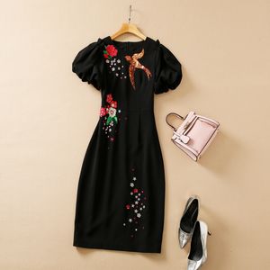 2022 Summer Short Sleeve Round Neck Black Floral Embroidery Bird Sequins Mid-Calf Dress Elegant Casual Dresses 22Q151638