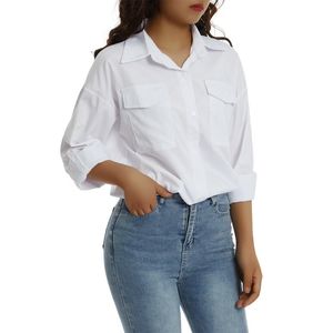 Women's Blouses & Shirts Women Tunics Button-down Shirt Irregular Solid Color Long Sleeve Lapel Blouse With Pockets Official Black White Shi