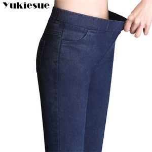 Big Yards vår sommarlmitation jeans byxor kvinnor elastiska midja byxor damer vintage blyerts smala magra jeans 3 färger 210412