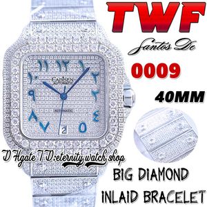 TWF TW0009 Japan Miyota Автоматические мужские мужчина смотрит на большие бриллианты, полностью обледенясь бриллиантами, синие арабские маркеры, нержавеющая браслет, супер издание Eternity Watches