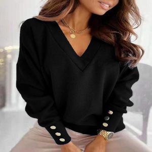 Wholesale pu tops for sale - Group buy Women s Blouses Shirts Vintage Solid Color Sweatshirts Women Korean Style V Neck Oversized Blouse Tops Elegant Buttons Long Sleeve Pu