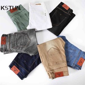 Mens färgade jeans sträcker mager jeans män mode casual smal fit denim byxor manlig grön svart khaki vita byxor manliga märke 210330