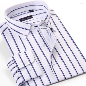 Camisas de vestimenta para hombres Fibra de bamb masculina Camisa azul rayas blancas Dise o sin bolsillo sin manga larga