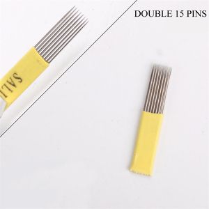 50st Microblading Needles Shading Double Row Pins Disponibla Micro Blades för permanenta sminkillstånd Tatueringsförsörjning205e