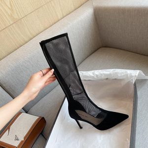 Sandals Moden Women's Summer Boots Kid Suede & Mesh Woman Shoes On Sexy High Heels Pointed Toe Spring Breathable Botas For WomenSand