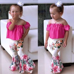 Roupas conjuntos de roupas para meninas roupas de meninas bebês crianças sólidas fora dos ombros t camisetas calças florais ajustadas 2 pcsclothing