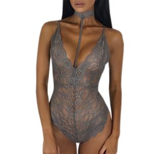 Profondo scollo a V Taglie forti Tute da donna Sexy Halter Lace Body senza maniche Solido Elegante Sexy Aderente Tuta Pagliaccetto GV494 q171122