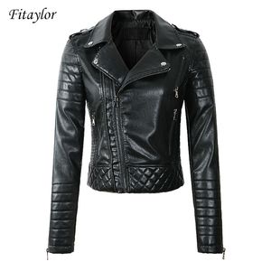 Fitaylor Spring Autumn Women Faux Leather Jackets Lady Motorcyle Zippers Biker Black CoatsヴィンテージスリムPUジャケットレザー201030