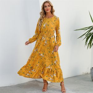 Sping Summer Bohemian Women Maxi klänning avslappnad långärmad hög midje strandkvinna chiffongklänningar blommor vestidoes mujer 220514