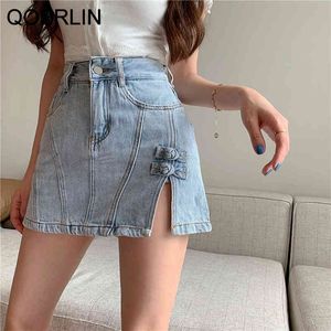 Qoerlin Casual Patchwork Button Side Short for Women High Weist Mini Denim Stirts Fants Fashion 210412