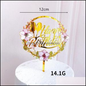 Party Decoration Event Supplies Festive Home Garden Ny färgade blommor Grattis på födelsedagen Cake Topper Golden Acrylic dessert för baby shower